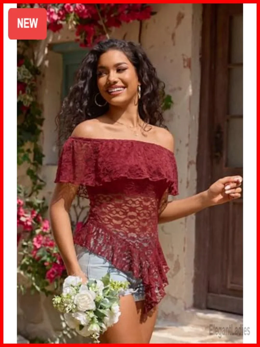 Off Shoulder Lace Top Sheer See Through Short Sleeve Blouse